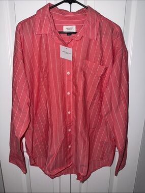American Eagle Outfitters Coral & White Striped Oversized Button-Down Shirt